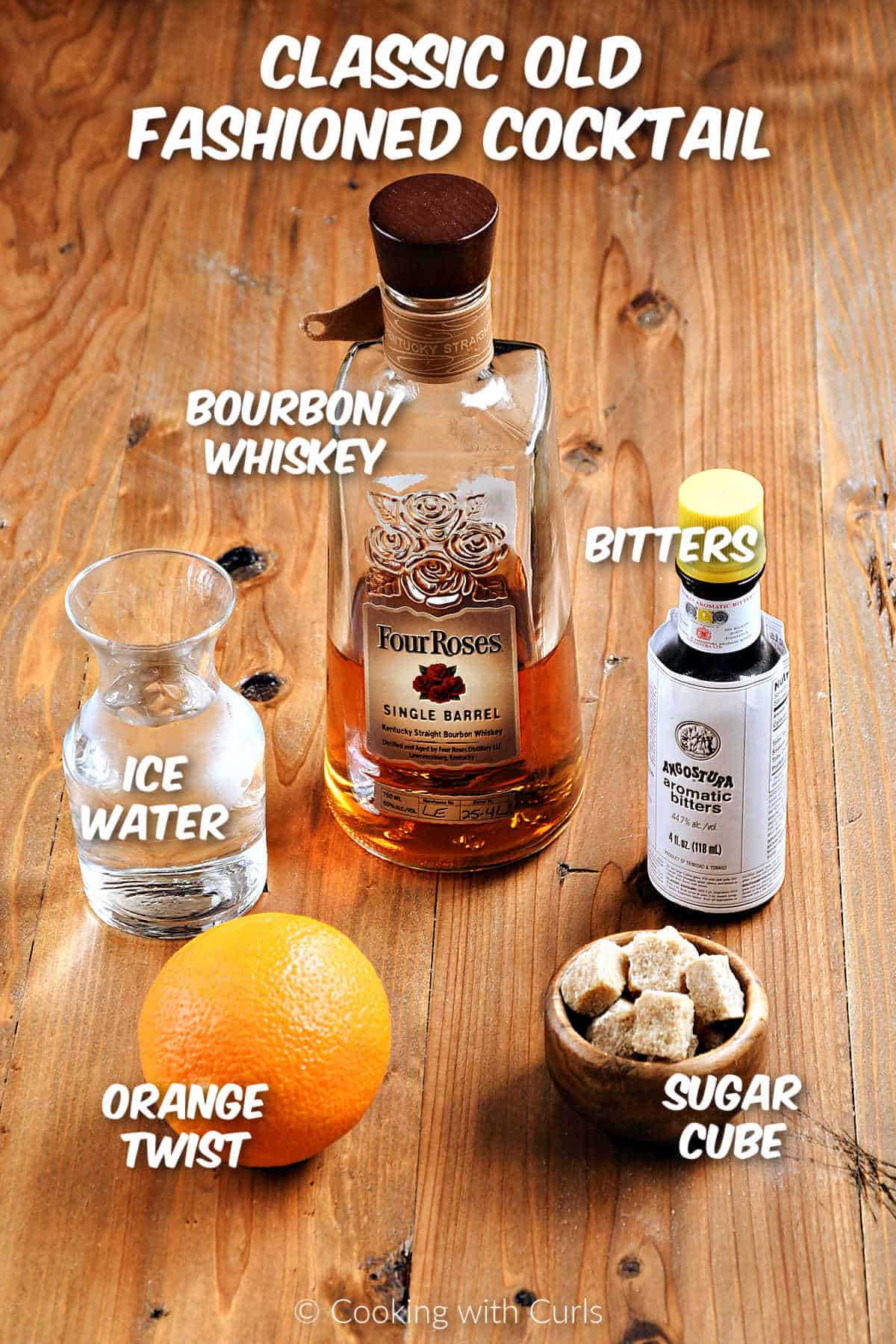 Ingredients to make a classic old fashioned cocktail.
