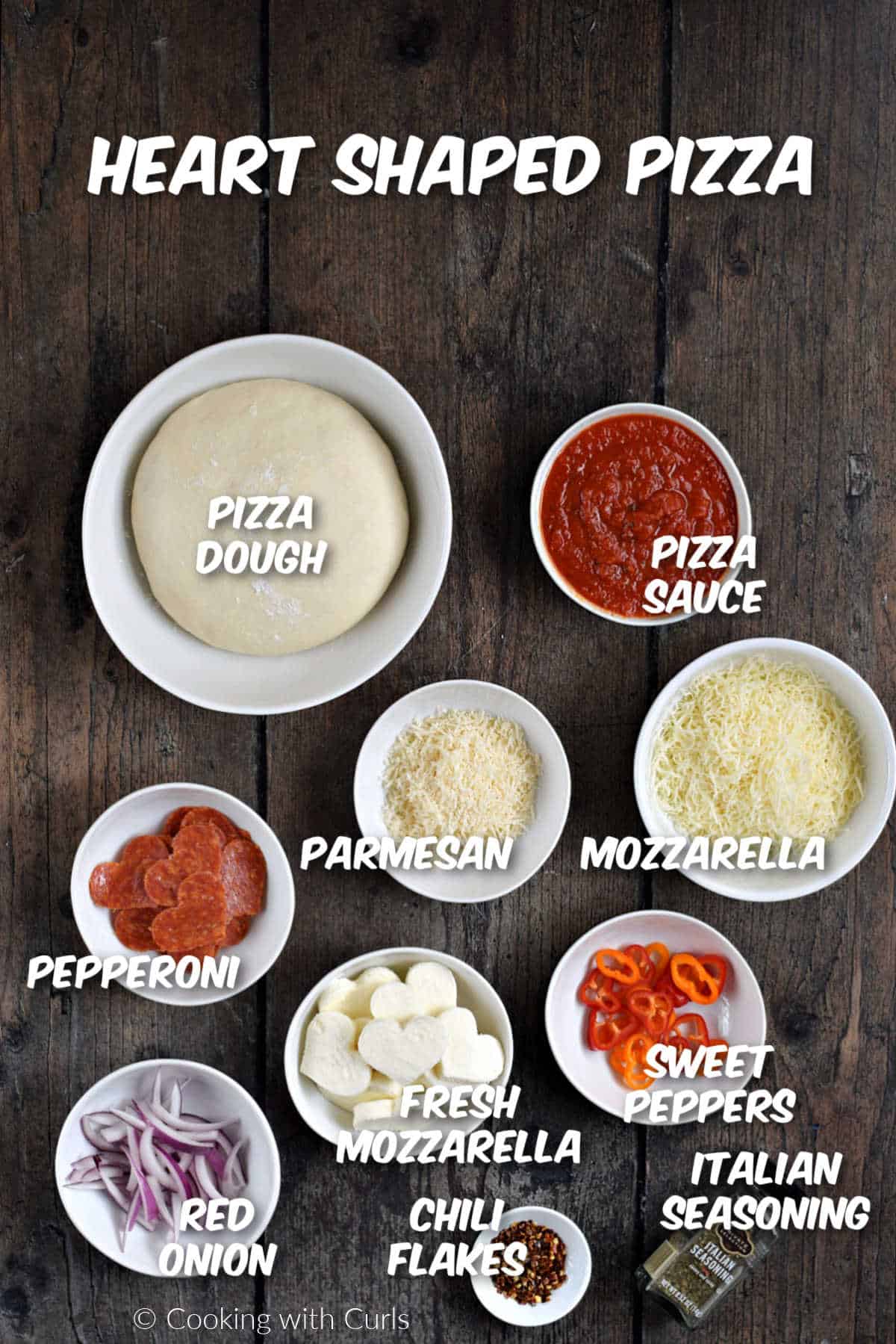 Ingredients needed to make heart shaped pizza.