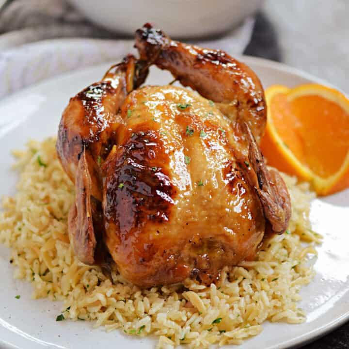 Orange glazed Cornish game hen on a bed of rice pilaf.