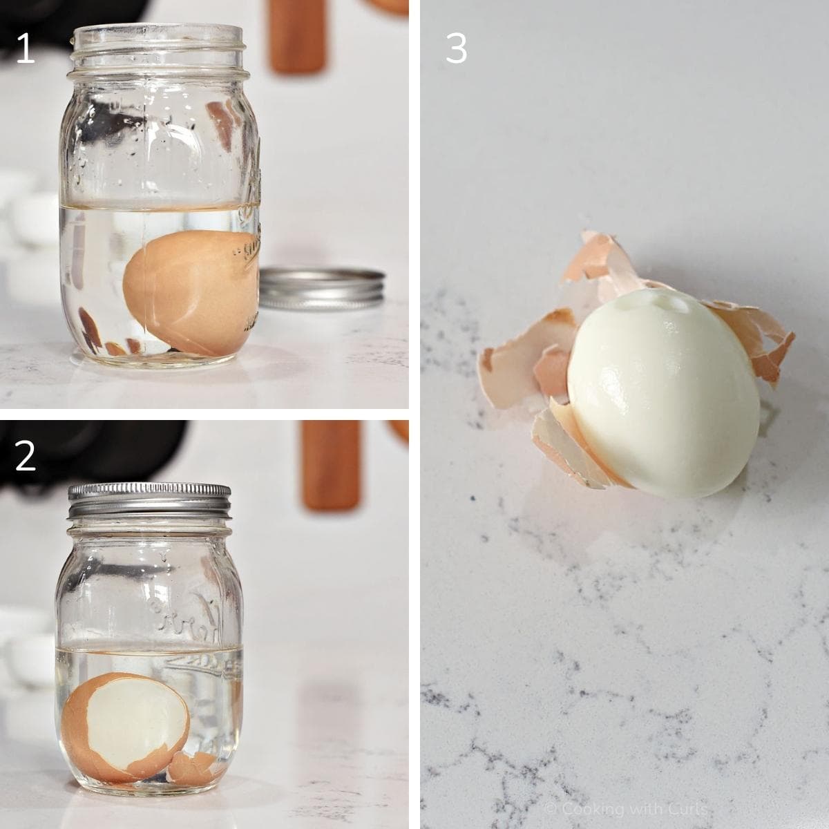 Egg peeling hack collage.
