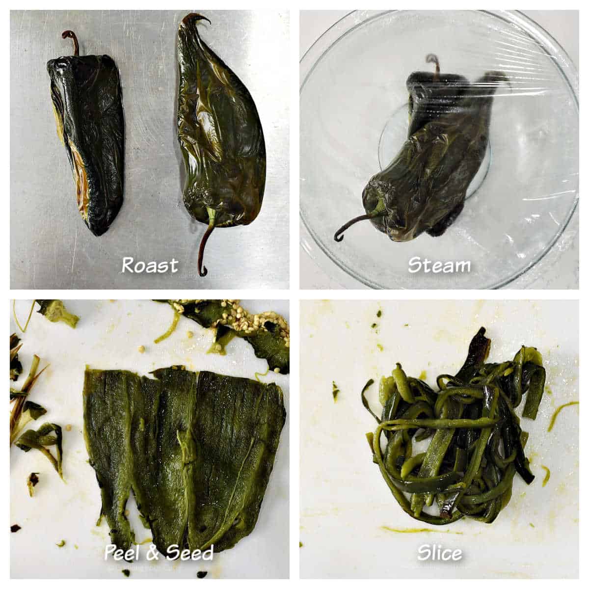 Roasted poblano peppers collage of steps.
