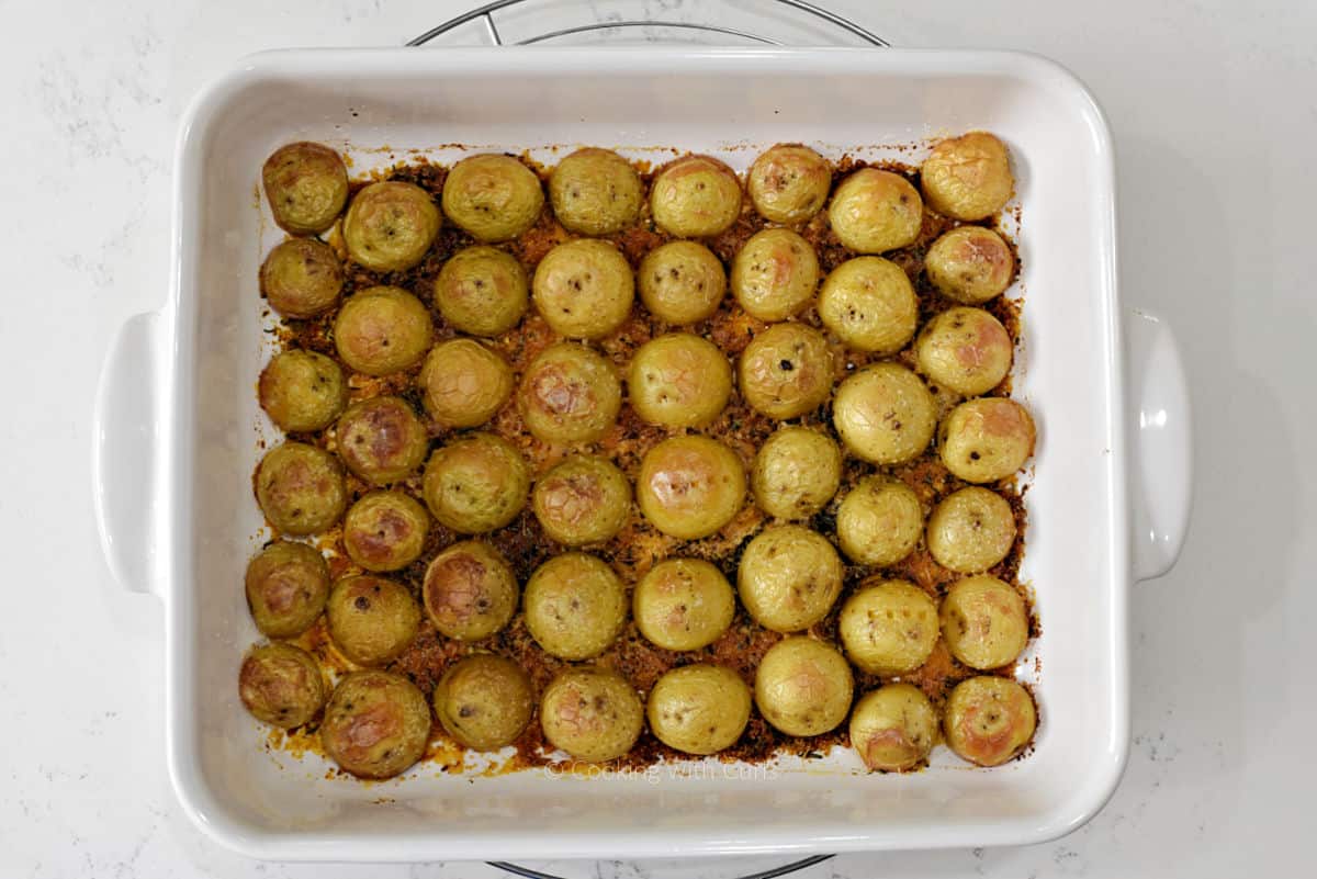 Parmesan roasted potatoes in baking dish.