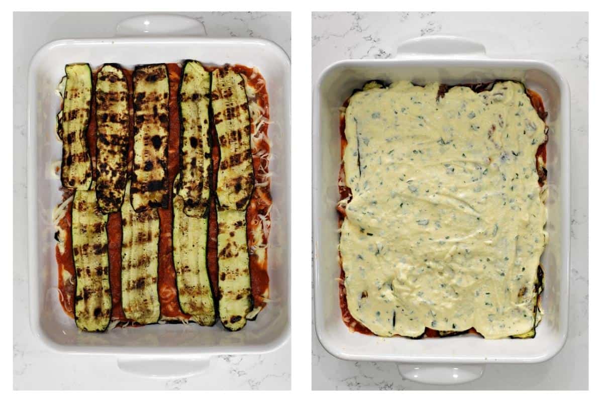 Zucchini slices on top of the stack on the left image, and ricotta spread out on the right.