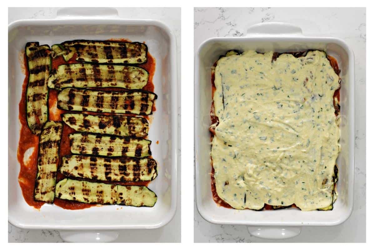 Sauce and zucchini slices on the left and ricotta spread on top on the right.