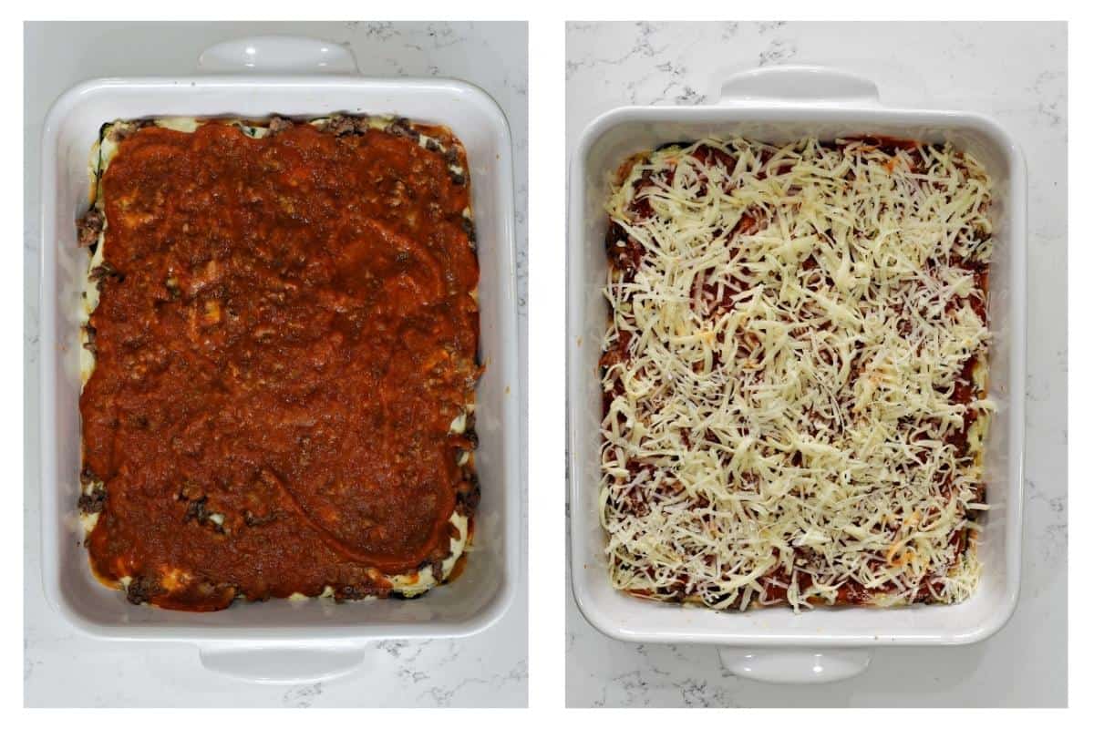 Second layer of marinara spread on top on the left image, and final layer of cheese on the right.