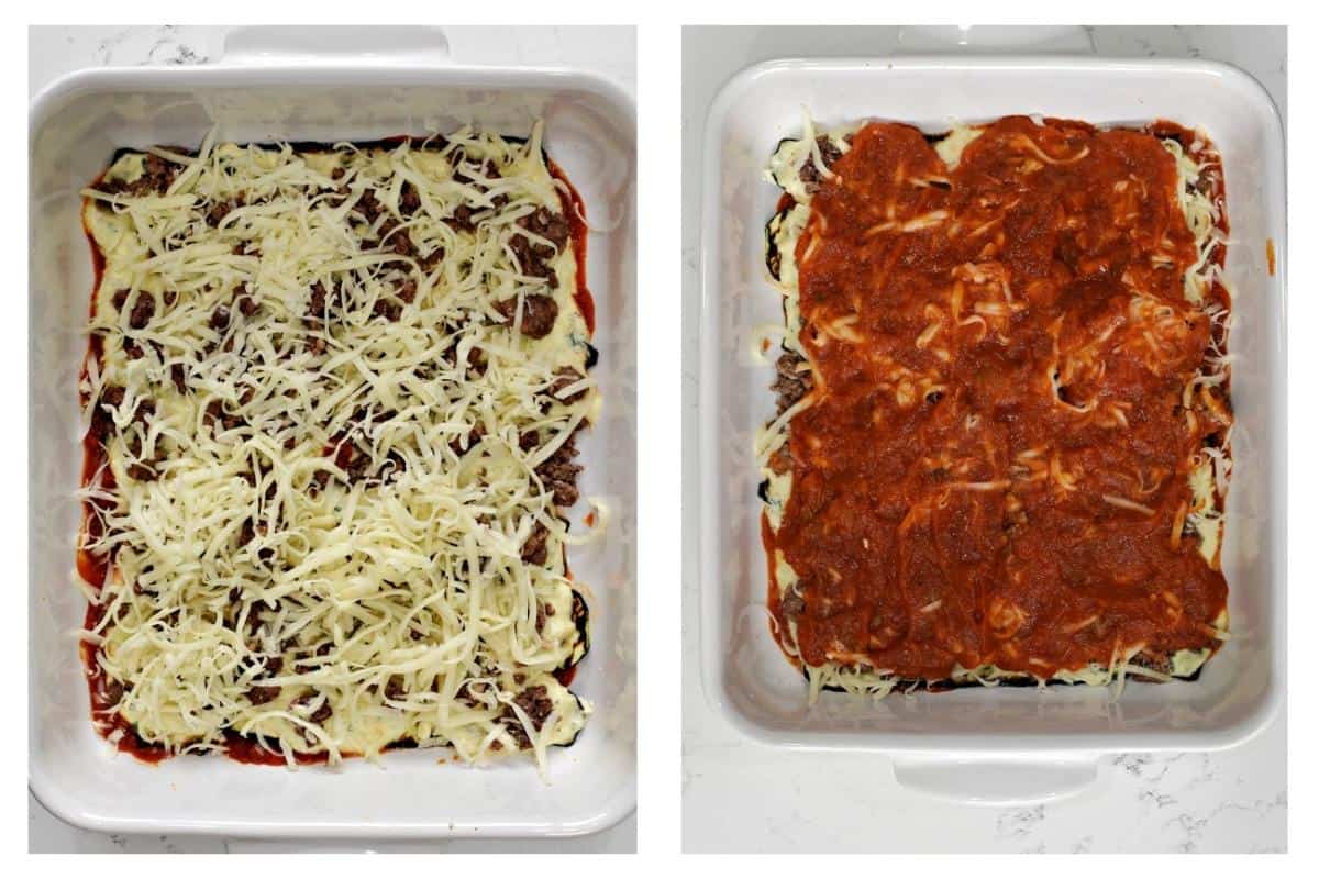 Shredded cheese and ground beef on the left and marinara spread on top on the right image.