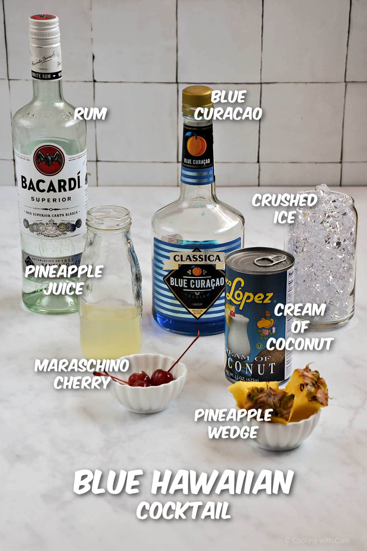 Blue Hawaiian cocktail ingredients.