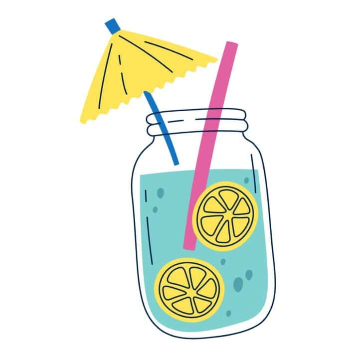 Blue cocktail graphic with lemons and an umbrella.