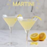 Two yellow cocktails in martini glasses with a lemon twist and title graphic across the top.