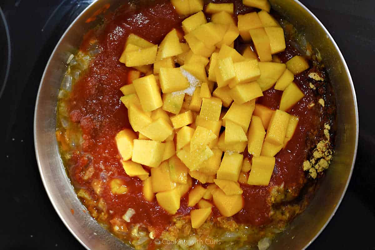 Mango Habanero BBQ sauce ingredients in a saucepan.