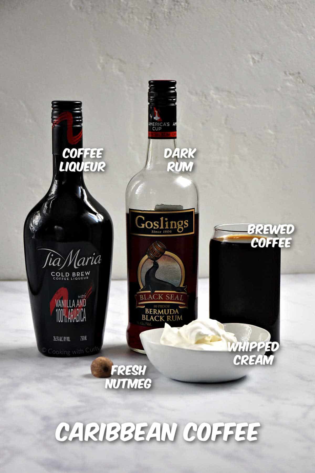 Caribbean coffee and rum cocktail ingredients.