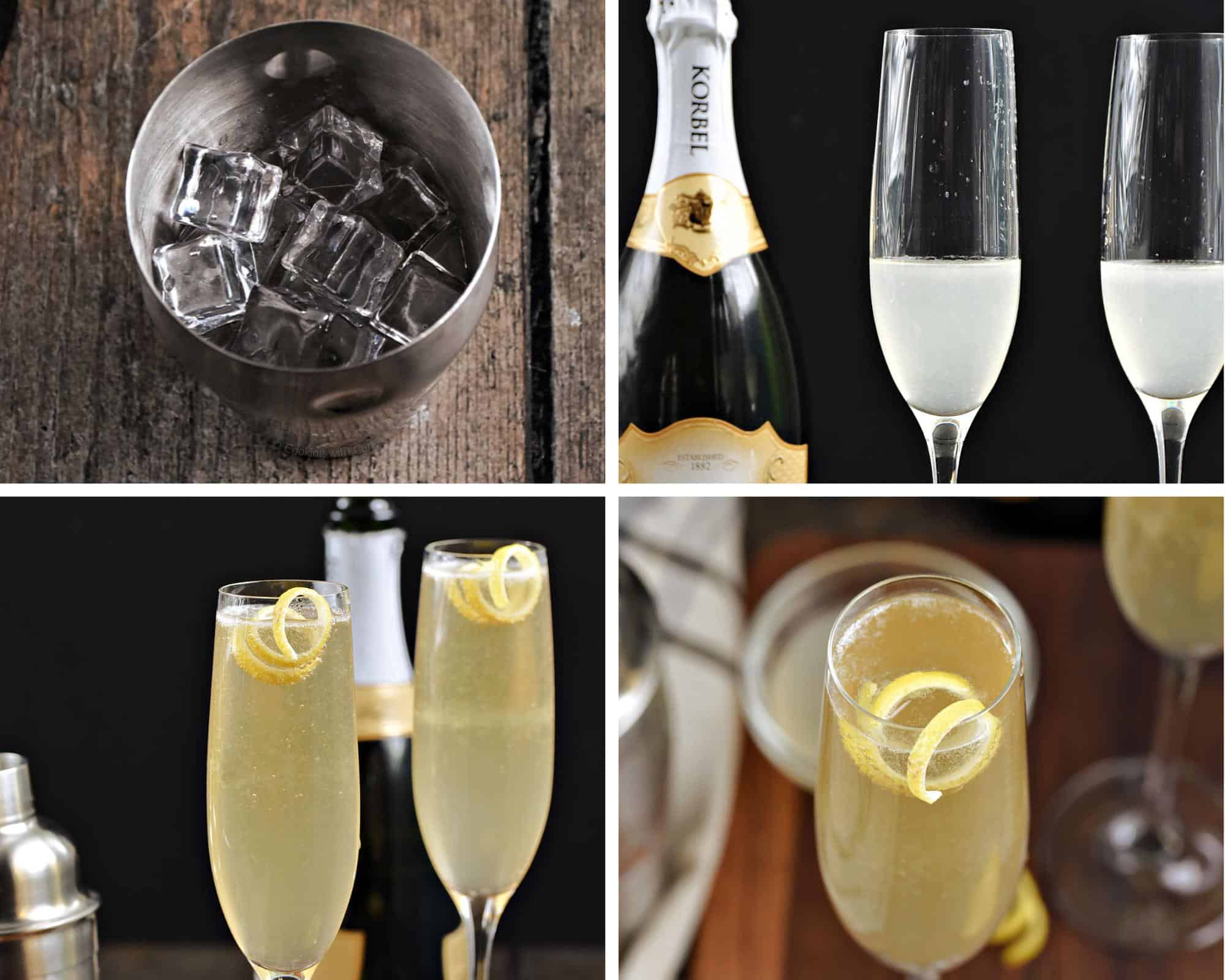 How to make French 75 cocktail steps photo collage.