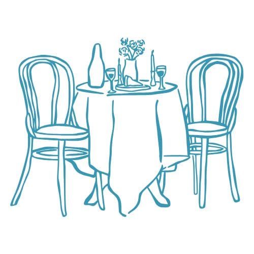 Outline of table set for two with two chairs.