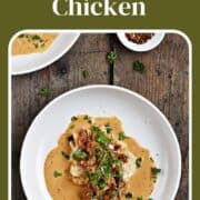 Chicken breast topped with sun-dried tomatoes, spinach, and creamy sauce with title graphic across the top.