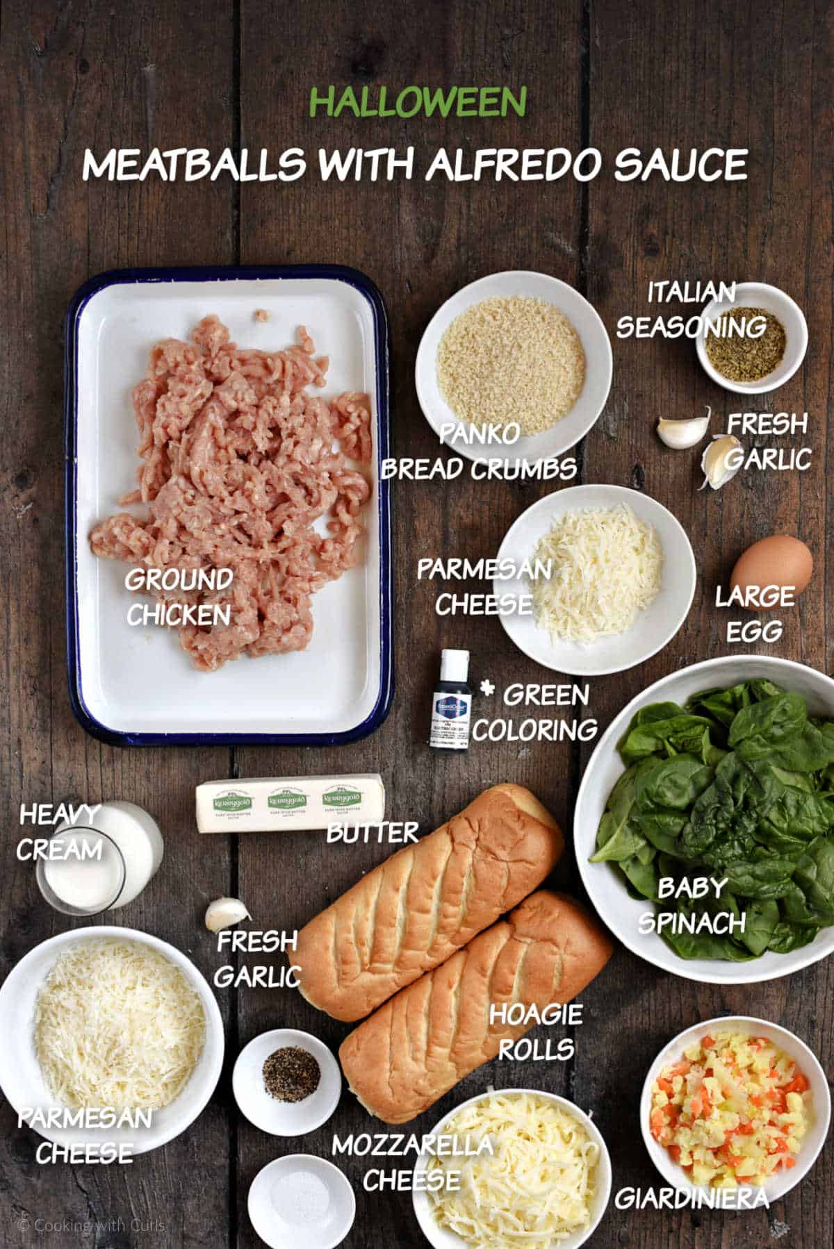 Ingredients to make meatballs with Alfredo sauce.