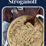 Creamy beef and mushroom slices in a large skillet with title graphic across the top.