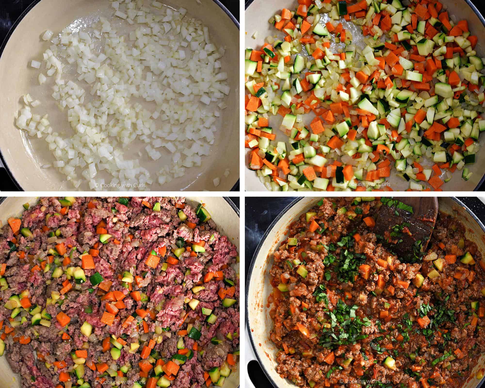 Four step collage showing how to make bolognese sauce.