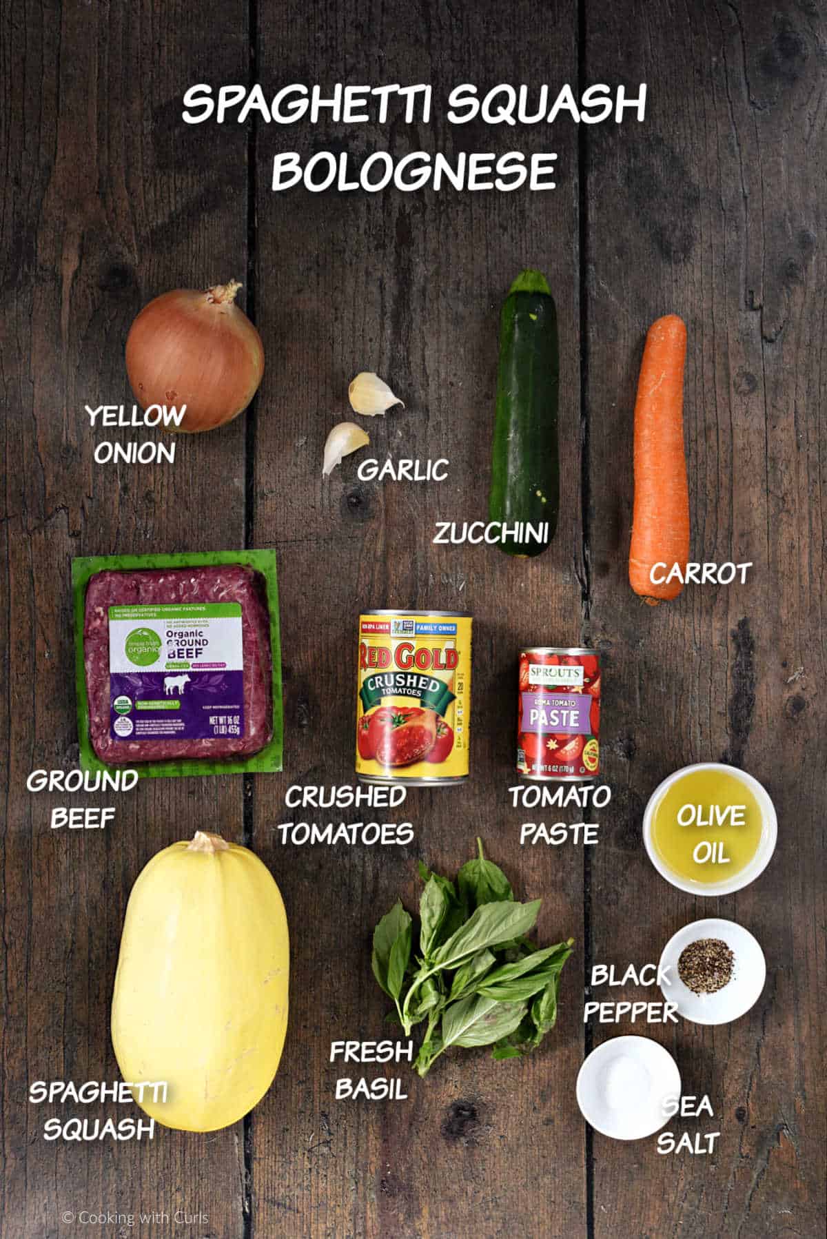 Ingredients needed to make spaghetti squash bolognese.