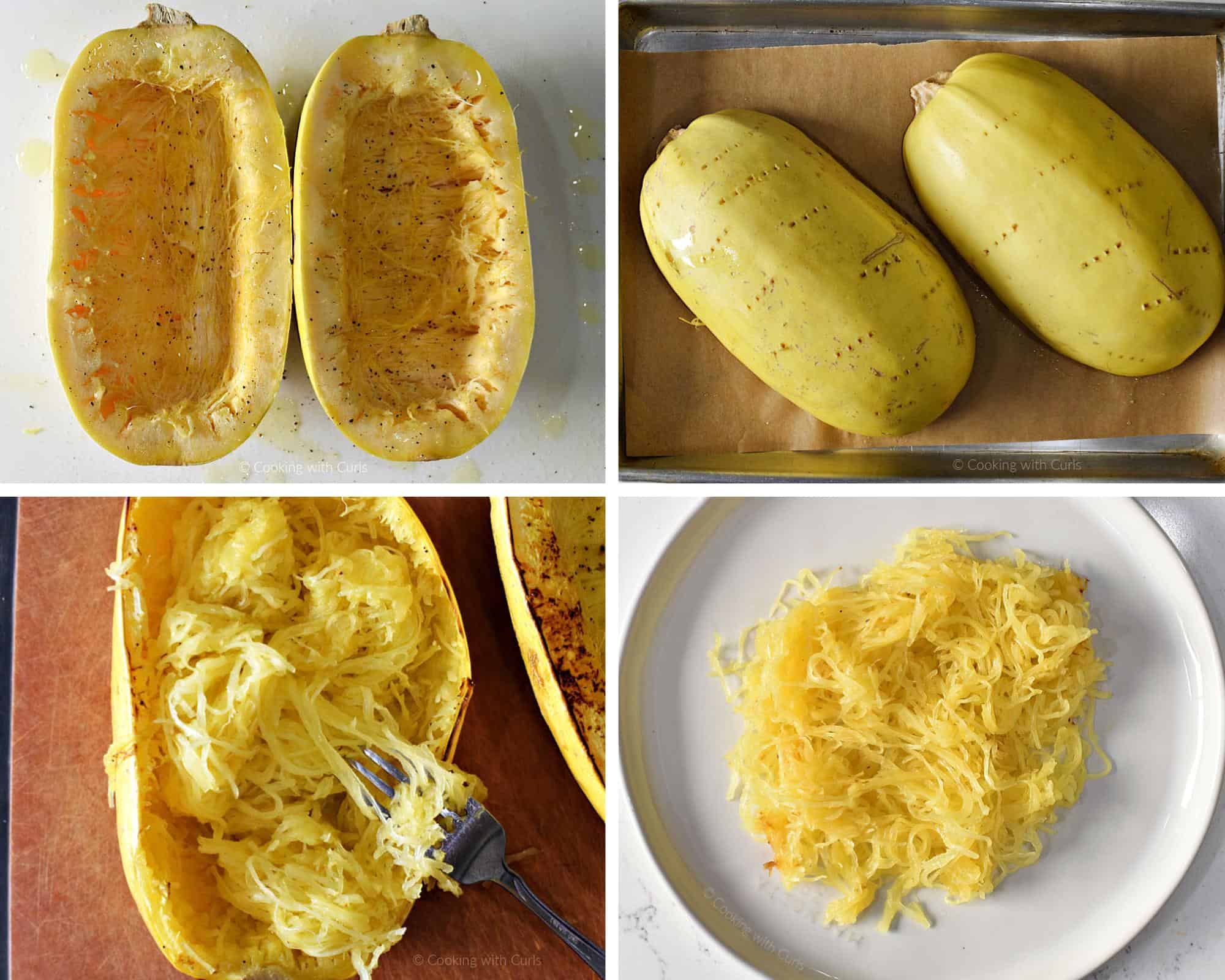 Four step collage for roasting spaghetti squash.