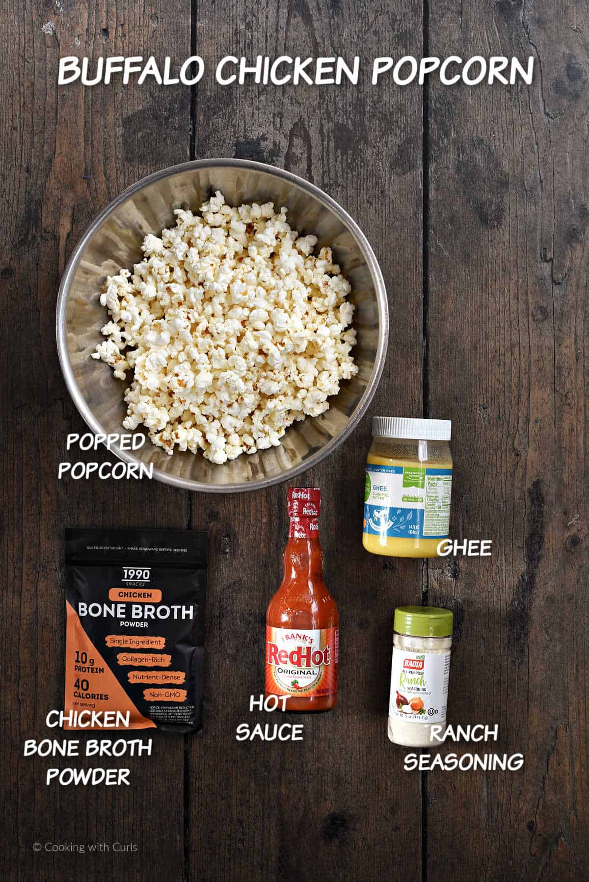 Ingredients needed to make Buffalo popcorn.