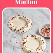 Two creamy white drinks with whipped cream and sprinkles in martini glasses, with title graphic across the top.