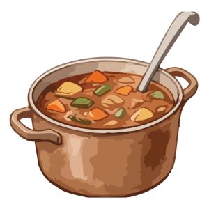 Beef stew in a brown pot with ladle.