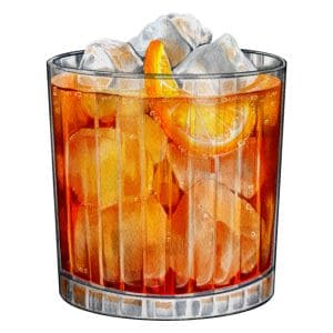 Brown cocktail with ice in glass.