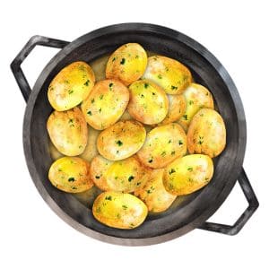 Potatoes in cast iron skillet graphic.
