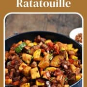 Stewed eggplant, zucchini, squash, tomatoes, and bell pepper in a bowl with title graphic across the top.