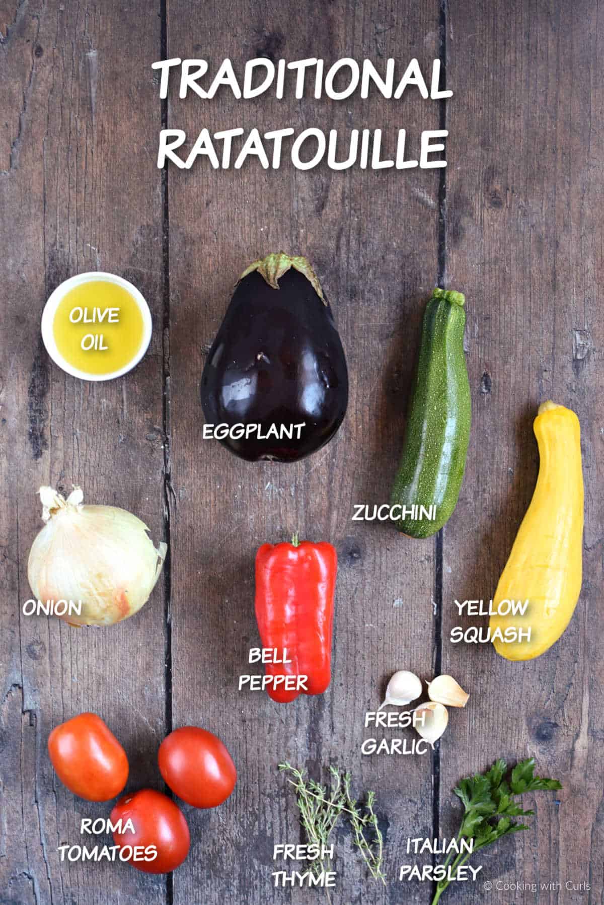 Olive oil, eggplant, zucchini, yellow squash, onion, red, bell pepper, garlic, tomatoes, and herbs to make traditional ratatouille.